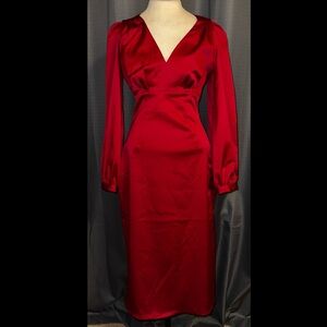 Satin Deep Red V-Neck Midi Dress with Long Sleeves